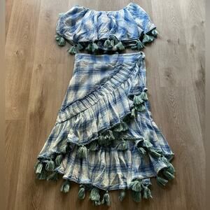 misa los angeles blue gingham tassel pom pom high low skirt + top set medium